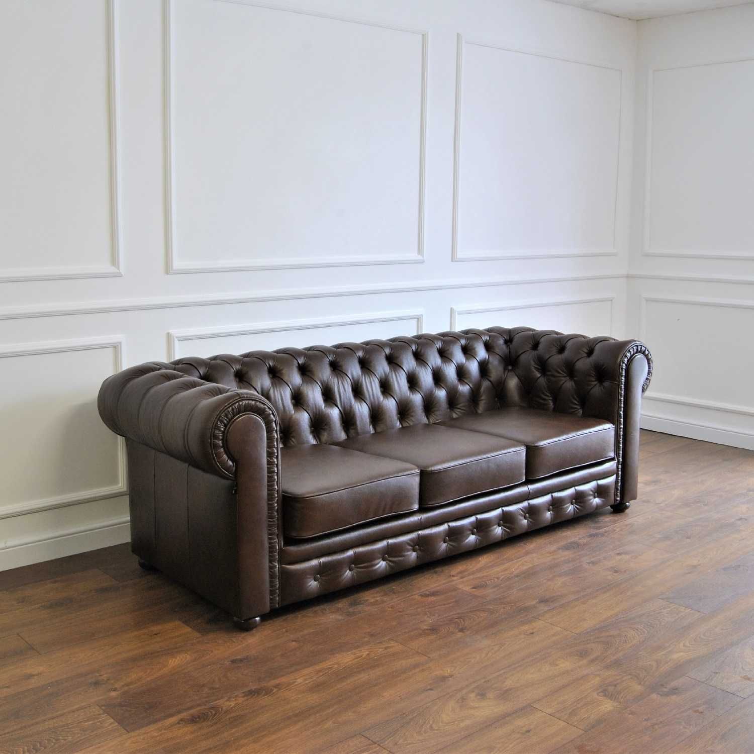 Pikowana sofa chesterfield skórzana 3-osobowa skóra naturalna plisy