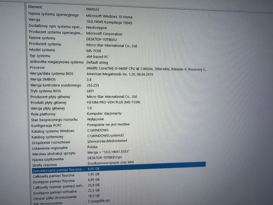 Komputer stacjonarny I5 - 9400F, 1050TI, 8 GB Ram