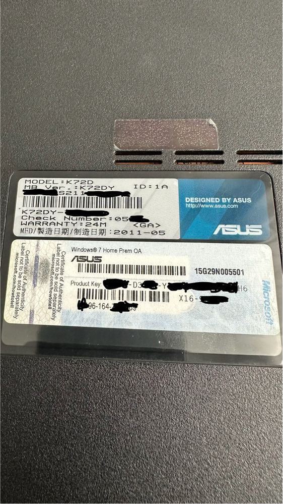 Laptop ASUS K72D | sprawny | 512GB HDD | przekątna 17” | Win7