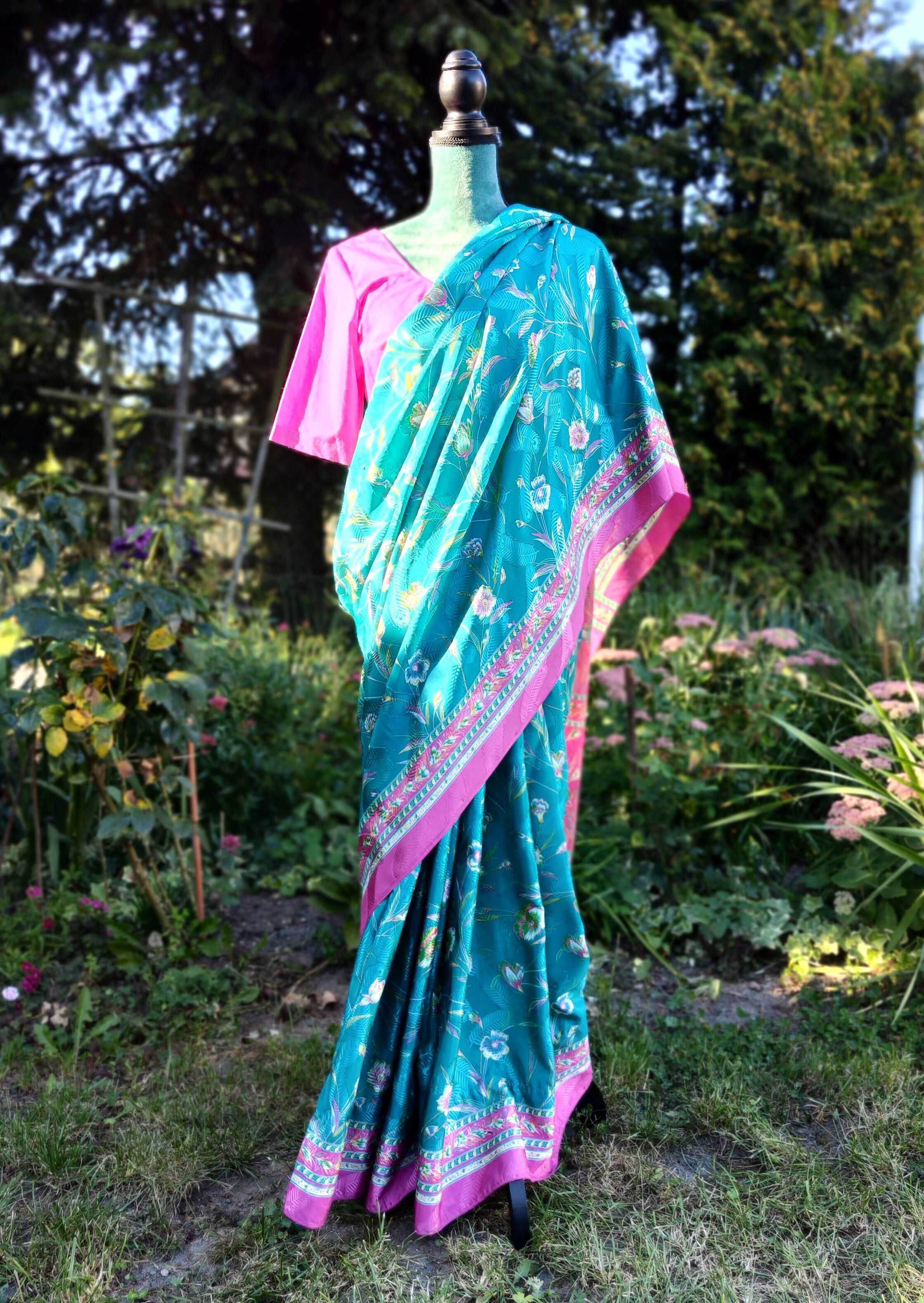 Vintage saree sari róż turkus kwiaty floral indyjska sukienka retro
