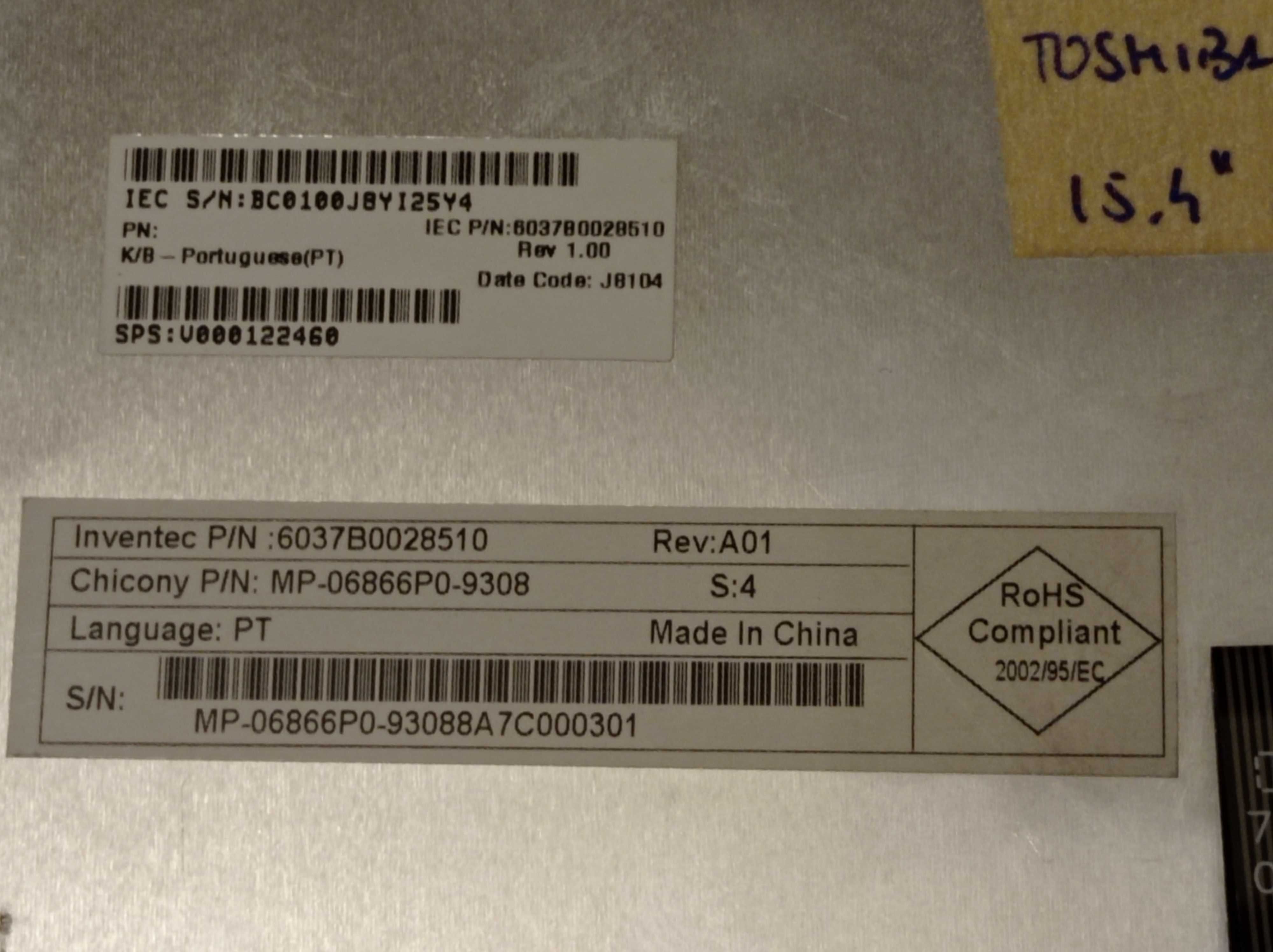 Teclado Toshiba A200 A300 L300 L450 e outros modelos 15.4"
