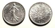 Moedas Francesas - 5 Francos (em Prata)
