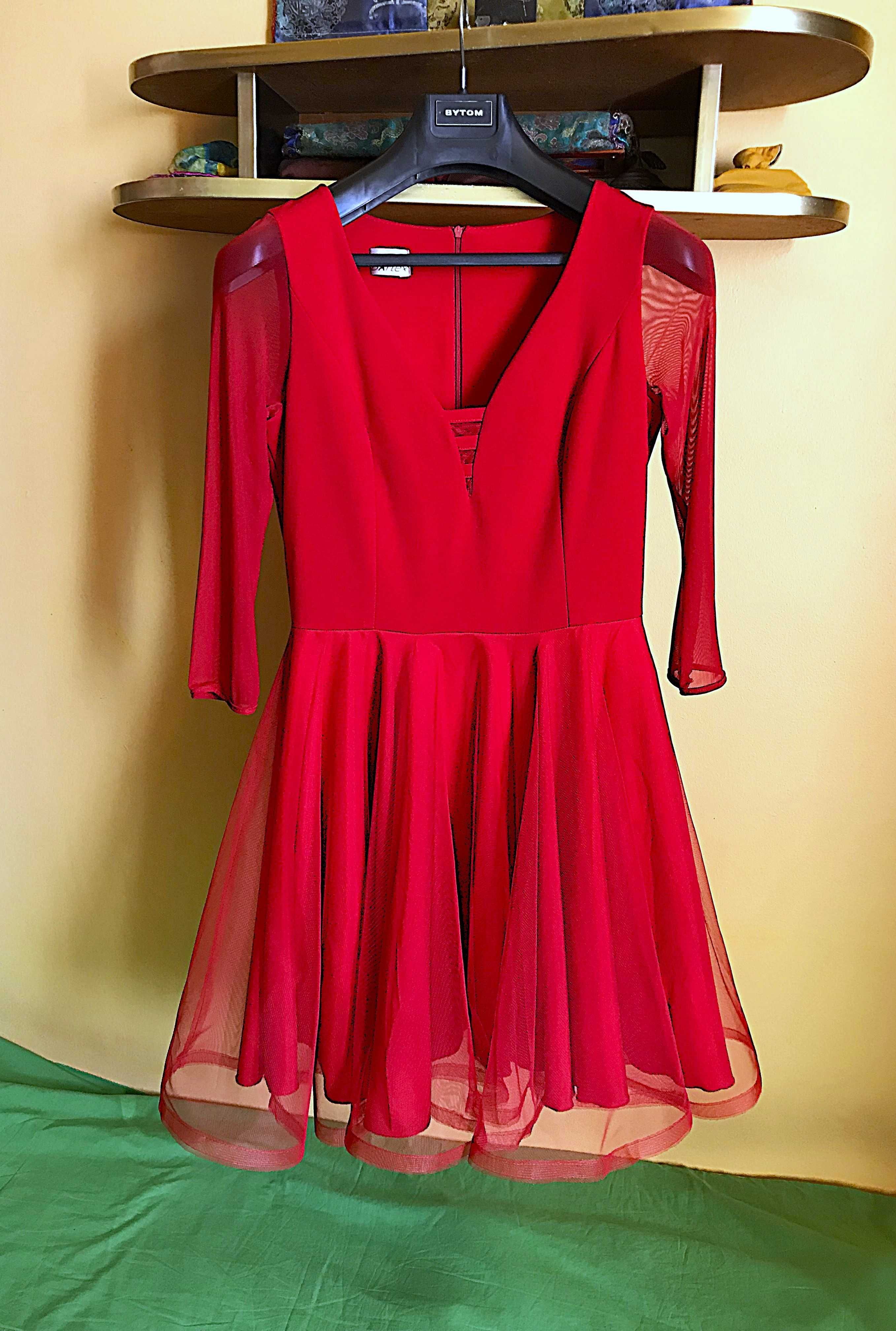 sukienka midi bartex długi rękaw dekolt tiul czerwona plus size 44