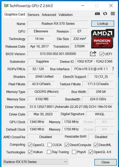 Продам Sapphire rx570 8gb