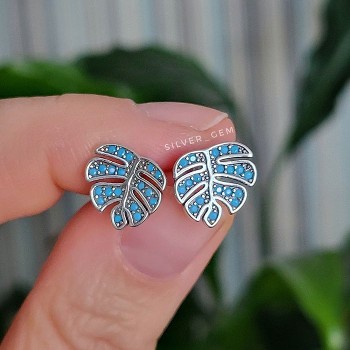 Срібні сережки Монстера з бірюзою