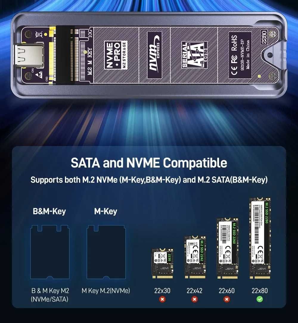 JEYI i9x NVMe / SATA SSD карман, USB 3.2 10Gbps, в комплекте 2 USB