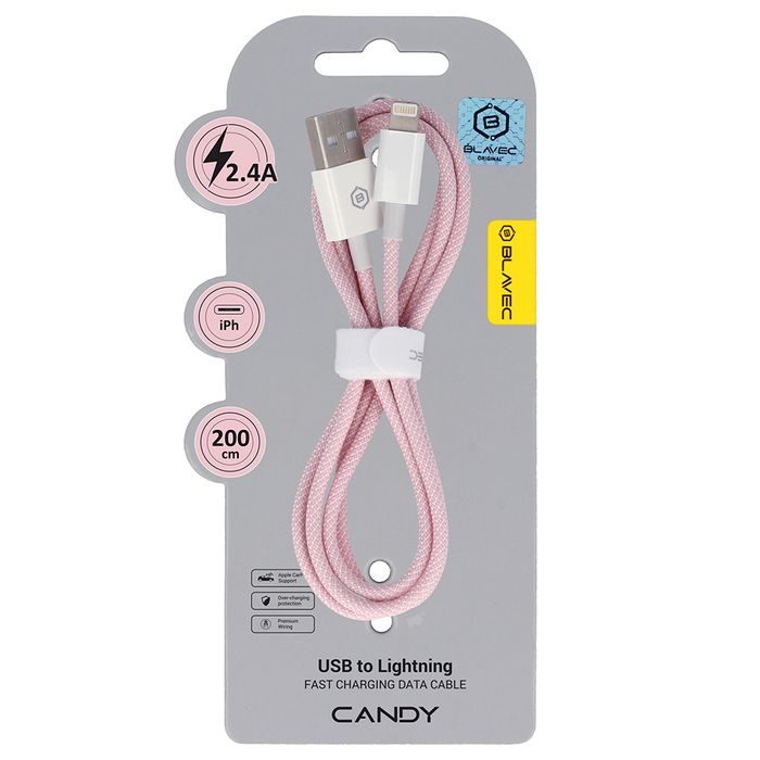 Blavec Kabel Candy USB na Lightning 2,4A 2m Apple CarPlay różowy
