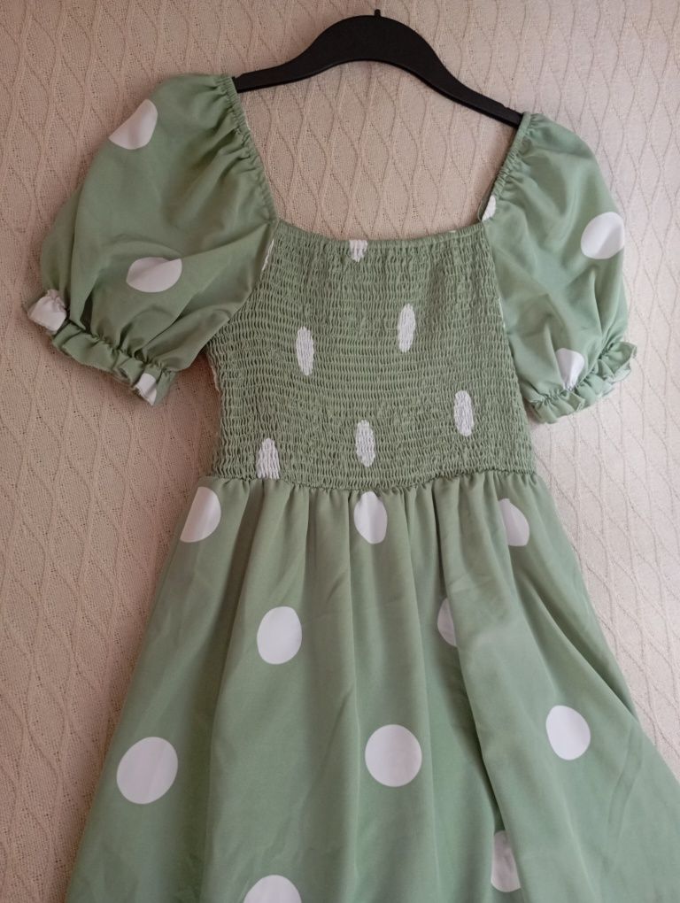 SHEIN M-XL śliczna miętowa sukienka midi w groszki bufiasty rękaw