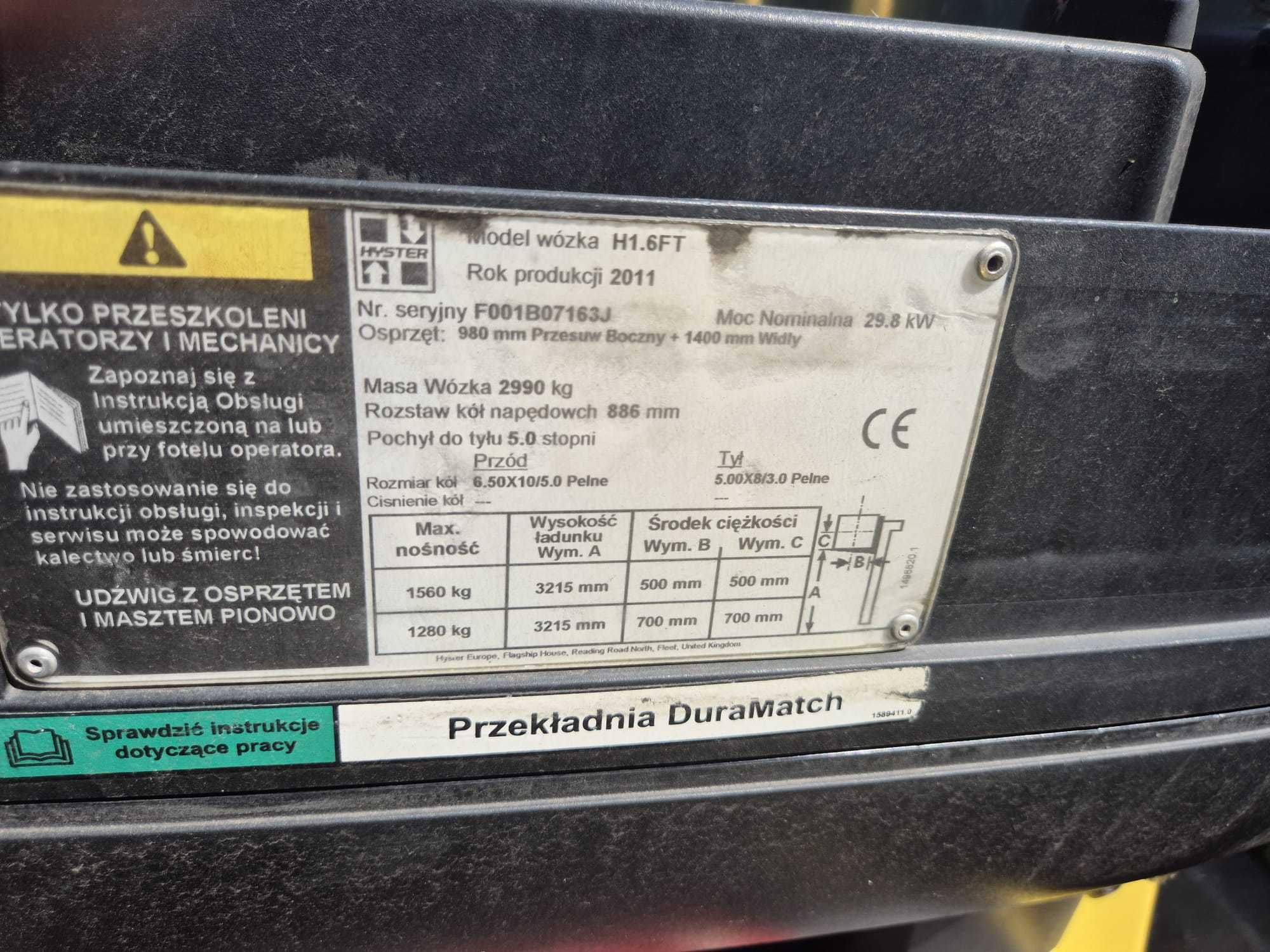 Wózek widłowy używany Hyster H1.6FT wolny skok, przesuw boczny 2011