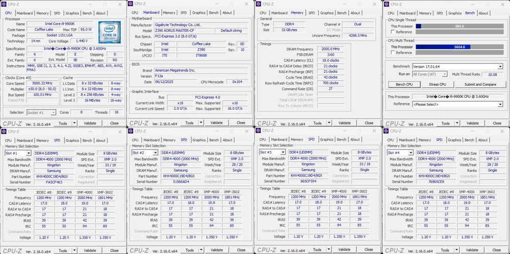 Intel i9-9900k Gigabyte Z390 AORUS MASTER RAM 32 Gb 4x8 Gb 4000 MHz