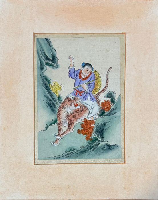 Figuras mitológicas chinesas pintadas em aguarela sobre  seda.