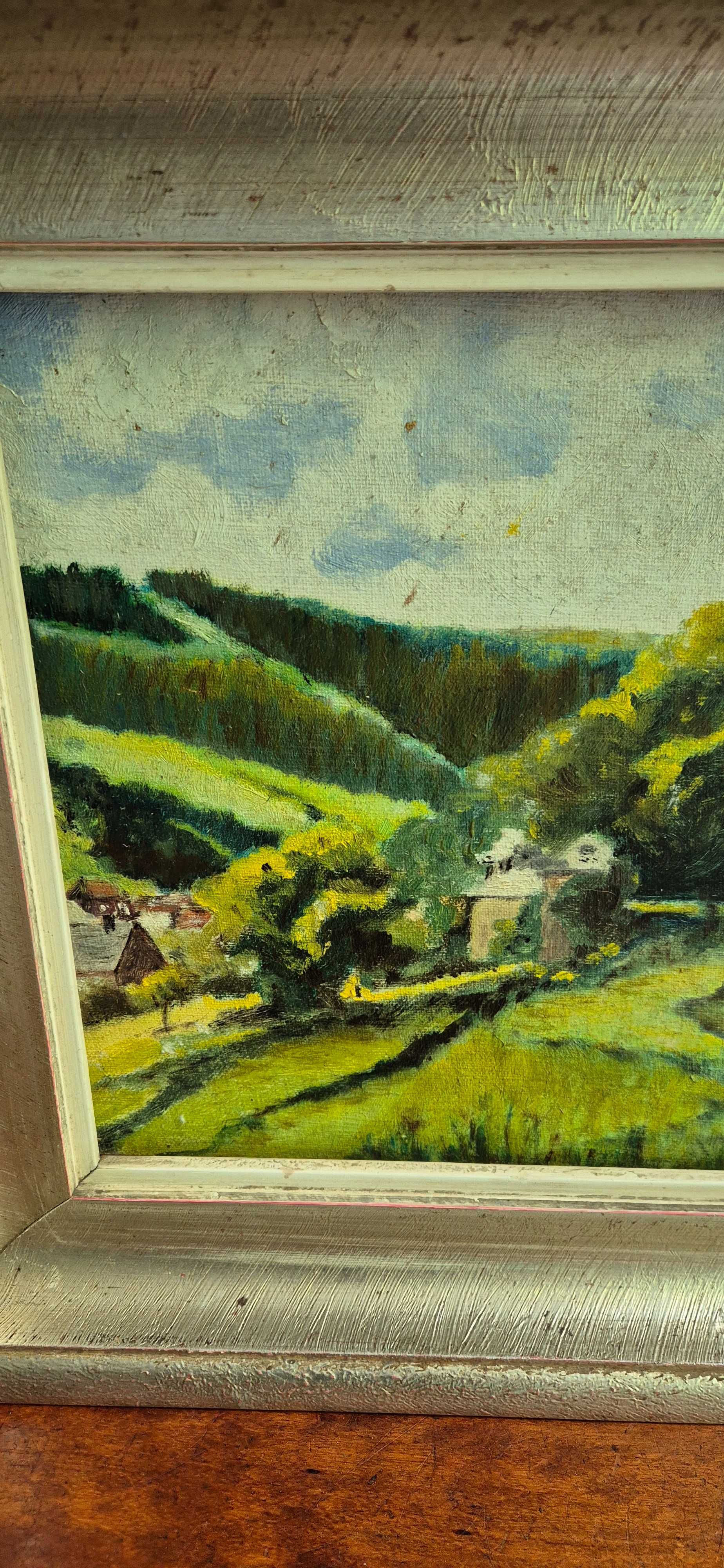 Obraz Olej na płycie zielony pejzaż z kościołem 1965r Niemcy antyk