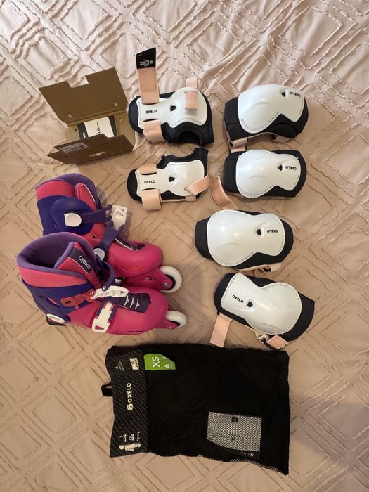 Patins em linha de criança + conjunto de proteções - marca Decathlon