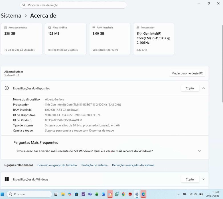 Surface pro 8 Intel Core i5-11th, RAM: 8 GB, Armazenamento: 238 GB SSD