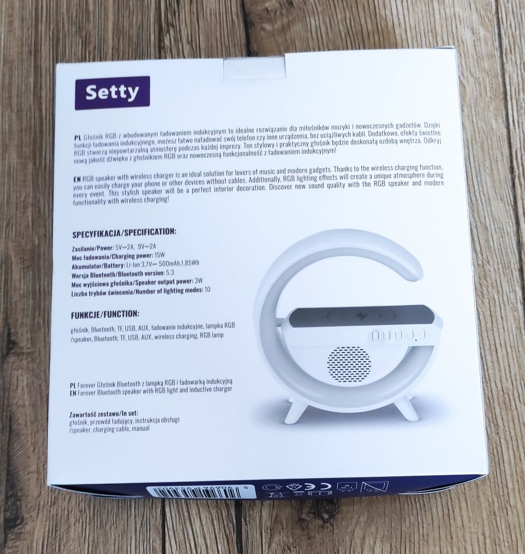 Głośnik bluetooth z lampką RGB i ładowarką indukcyjną nowy