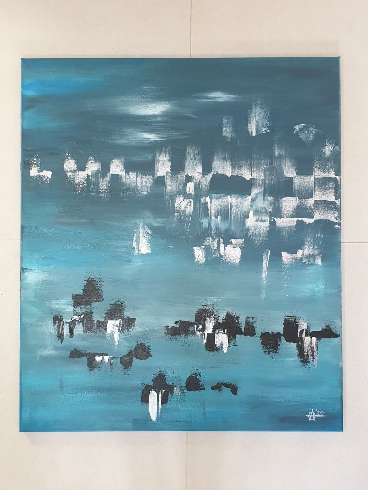 Obraz abstrakcyjny akrylowy, abstrakcja, "Miasto we mgle " 60x70 cm