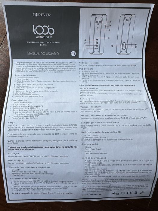 Coluna de Som bluetooth (speaker) Forever Toob