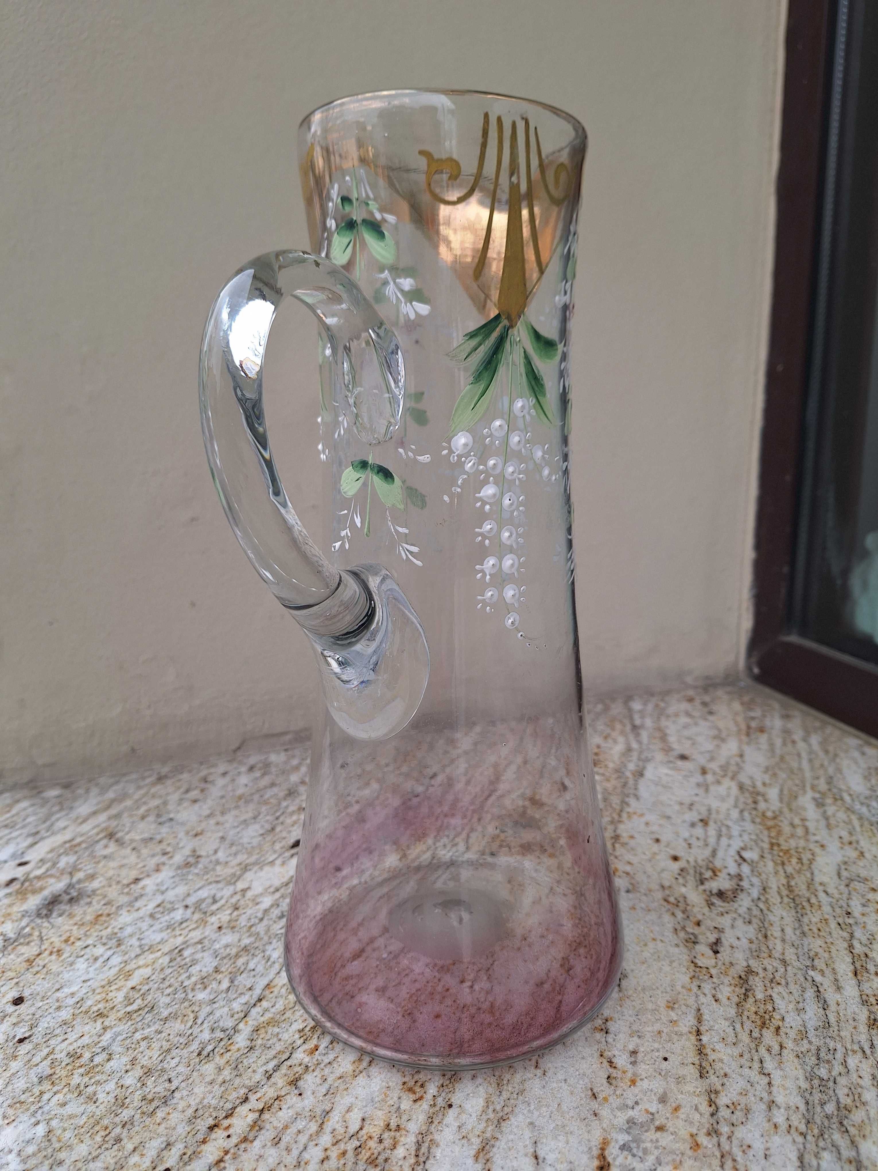 Piękny ozdobny szklany dzban z konwaliami-secesja-k.XIXw