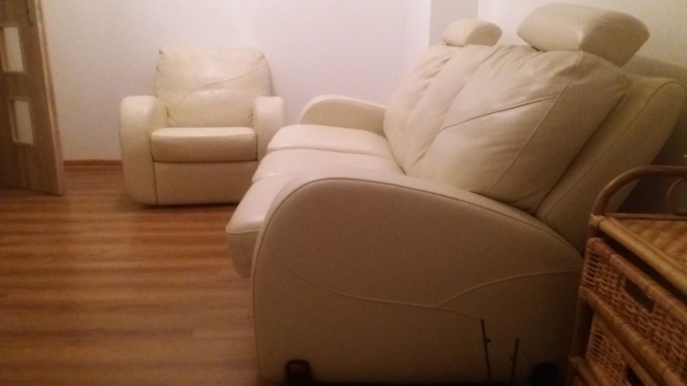 Komplet wypoczynkowy skora skorzany relax bezowy kremowy sofa mb fotel