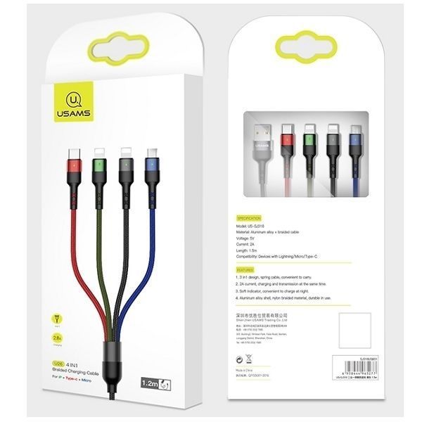 Kabel Ładowania 4W1 3M 2A Fast Charge Usams U26 - Nylonowy Splot