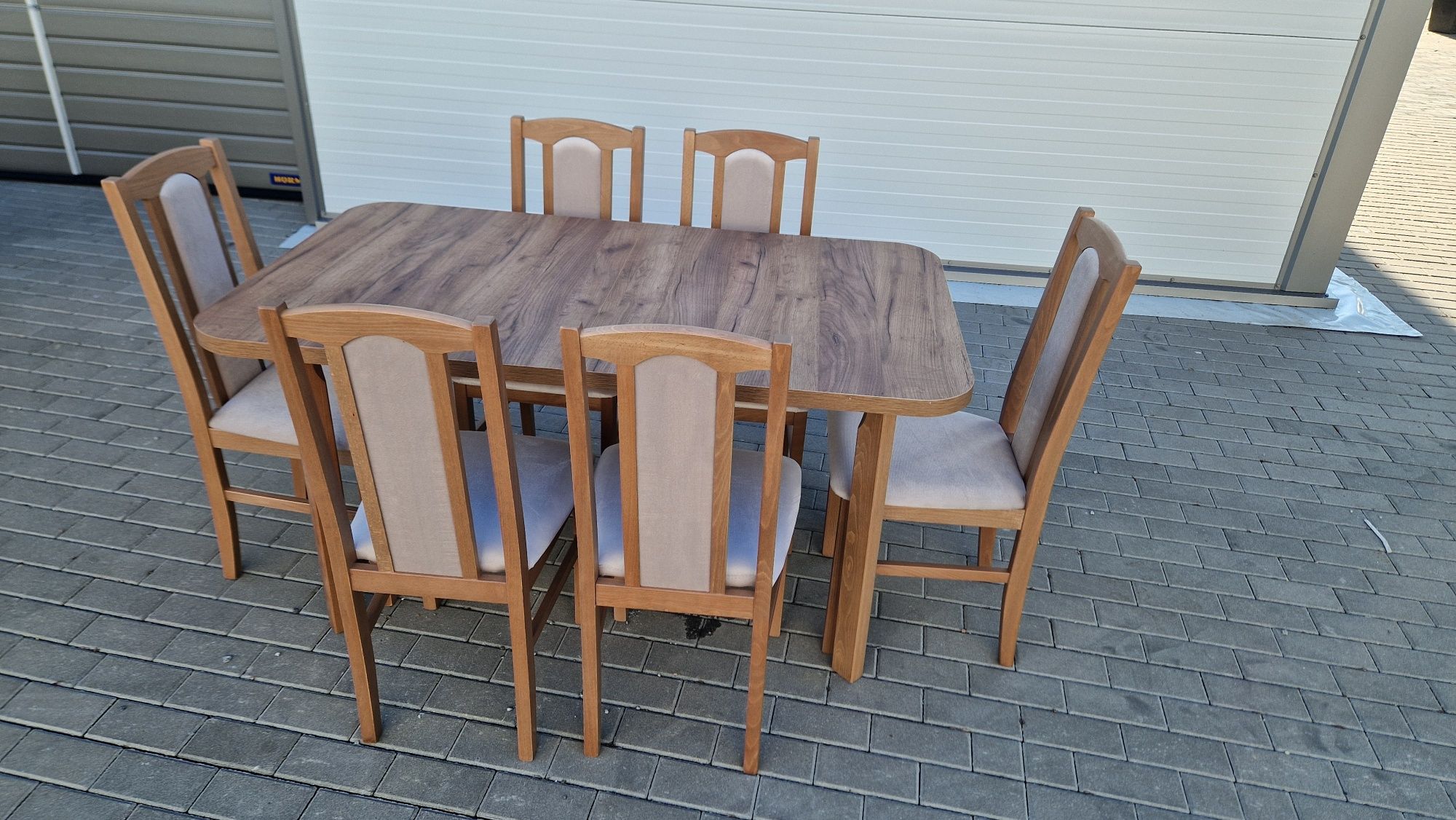 Nowe: Stół 80x140/180 + 6 krzeseł, orzech jasny + latte, dostawa PL