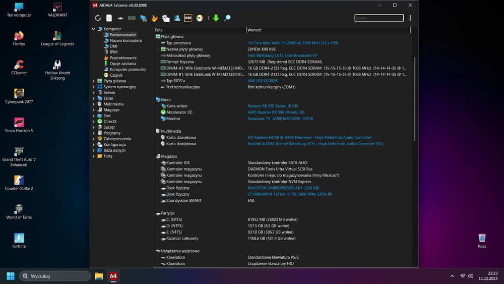 Komputer gamingowy do nauki i gier RX 590 DDR4 32GB E5-2680v4 Wi-Fi