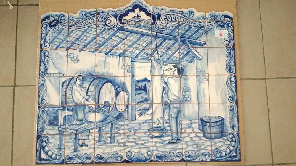 Painel de Azulejos MATANÇA DO PORCO 105X90 cm Pintado à Mão Tradição