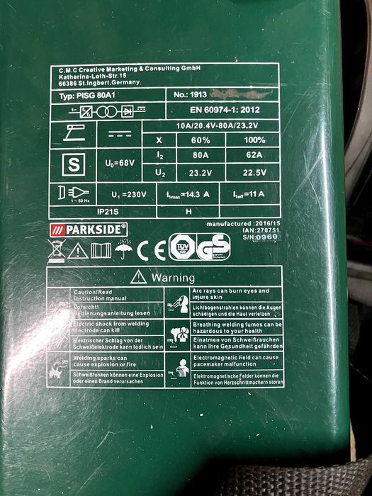Зварювальний апарат інверторний Parkside PISG 80 A1 + маска-хамелеон