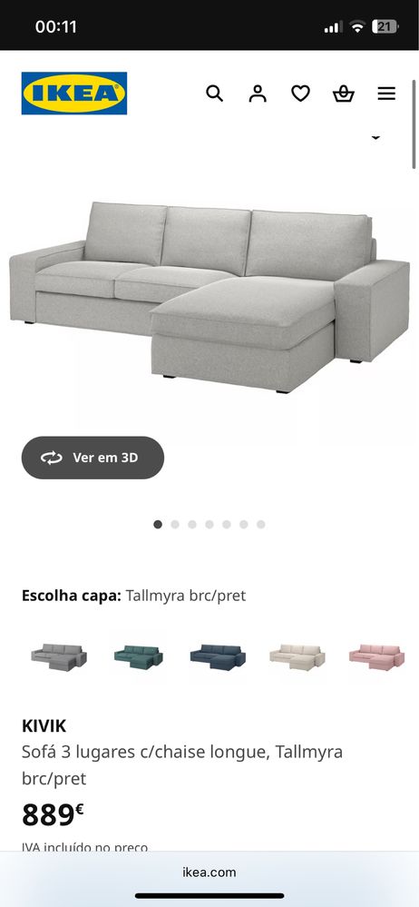 Sofá Kivik IKEA 3 lugares com chaise longue