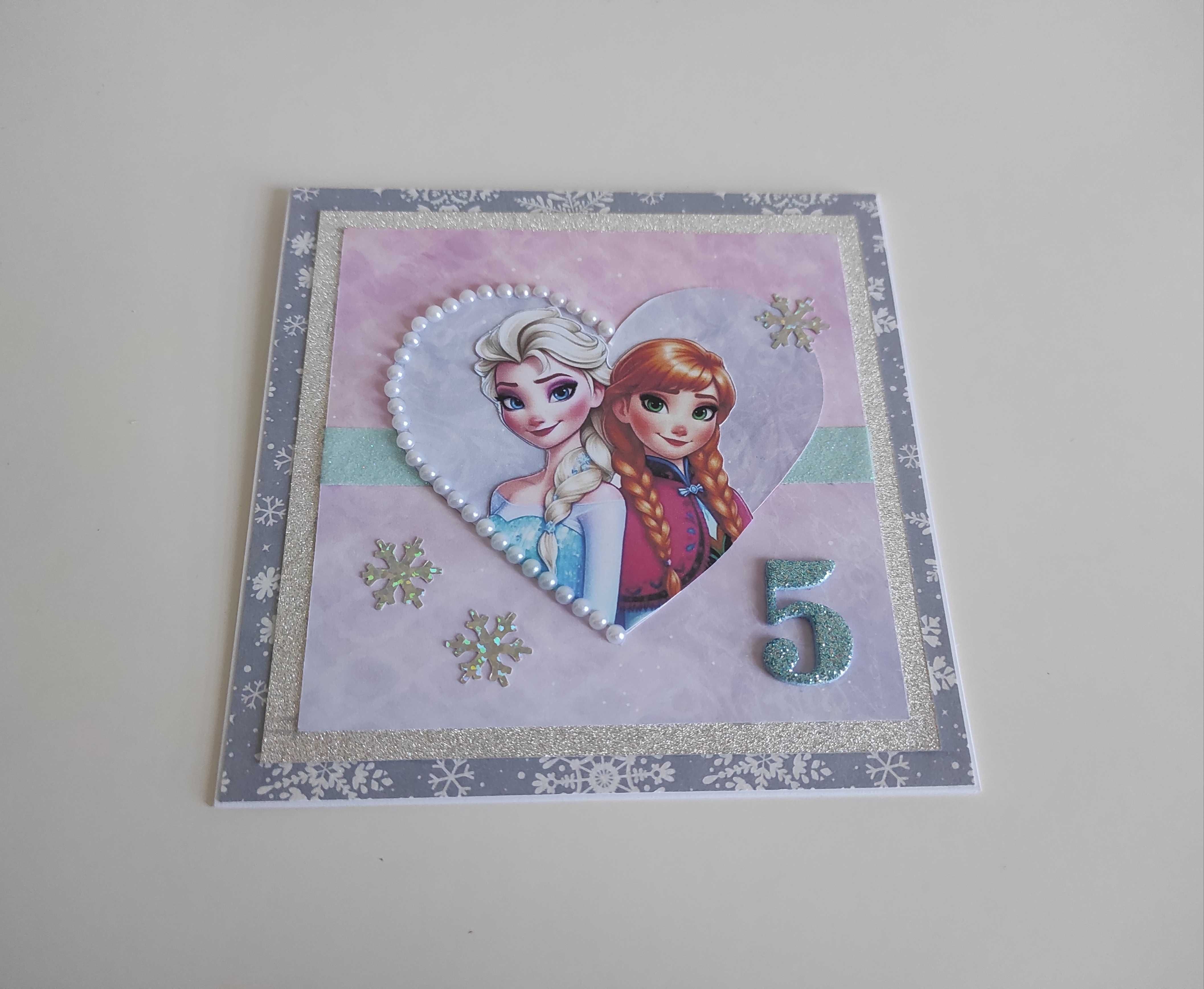 Kartka ręcznie robiona na urodziny Kraina Lodu Anna i Elsa
