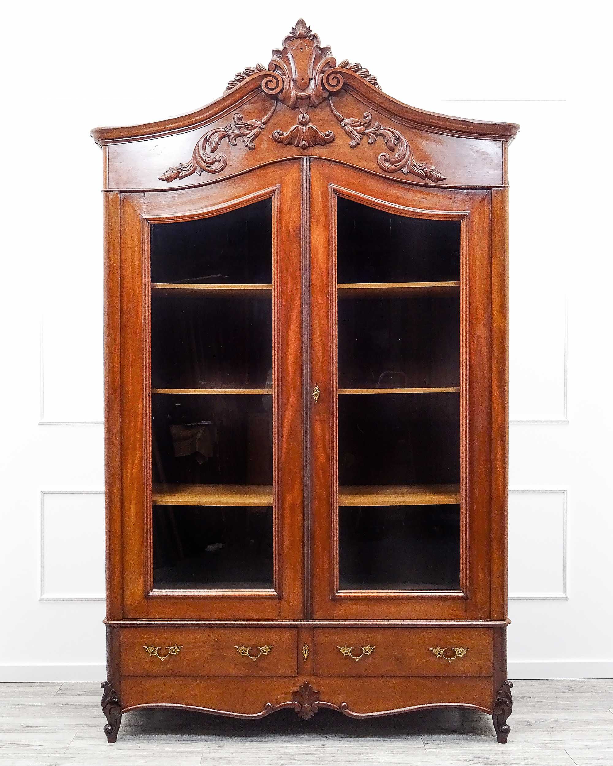 WITRYNA drewniana MAHOŃ BIBLIOTECZKA 3 półki szuflady Antyk lata 20.