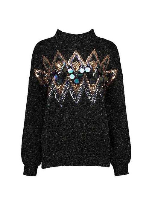 Шикарный нарядный блестящий чёрный свитер принт из пайеток с люрексом