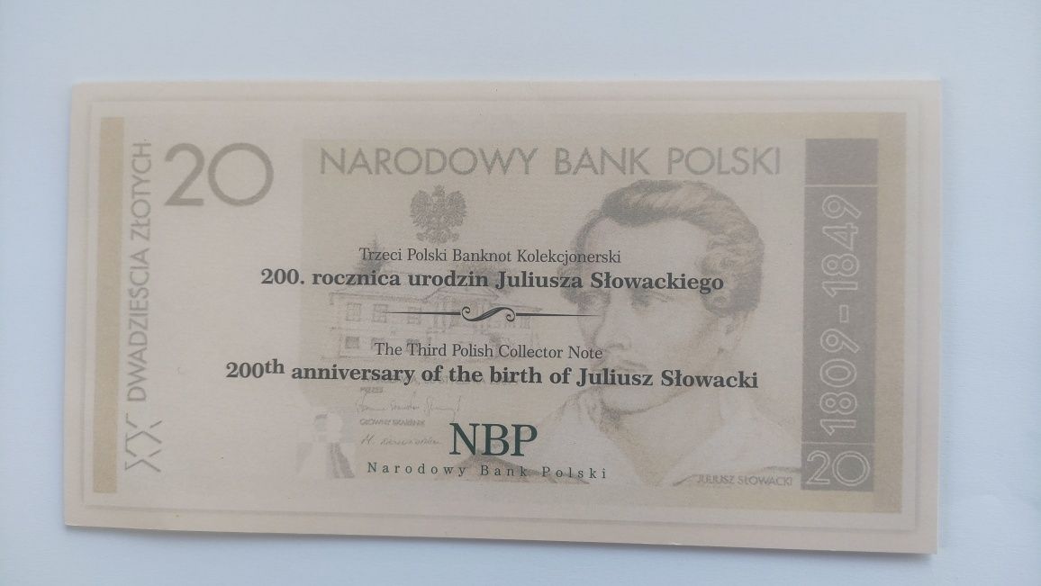 Banknot kolekcjonerski Juliusz Słowacki 20 zł 2009 rok