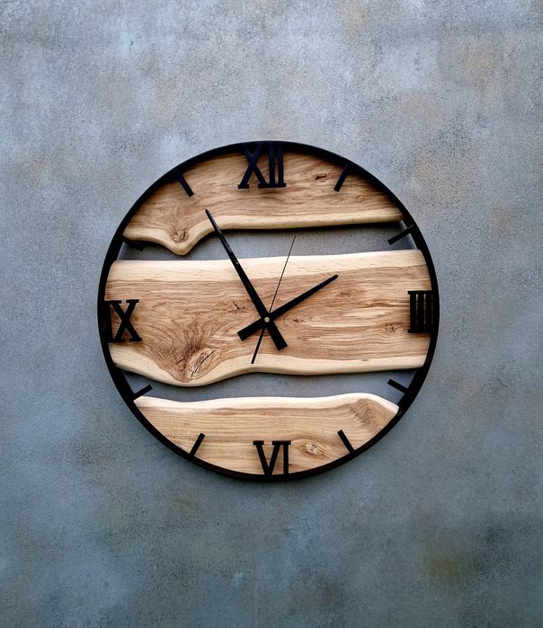 Zegar ścienny loft Dębowy 50cm stalowy drewniany rękodzieło salon duży