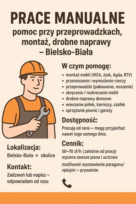 Prace manualne – pomoc przy przeprowadzkach, montaż, drobne naprawy