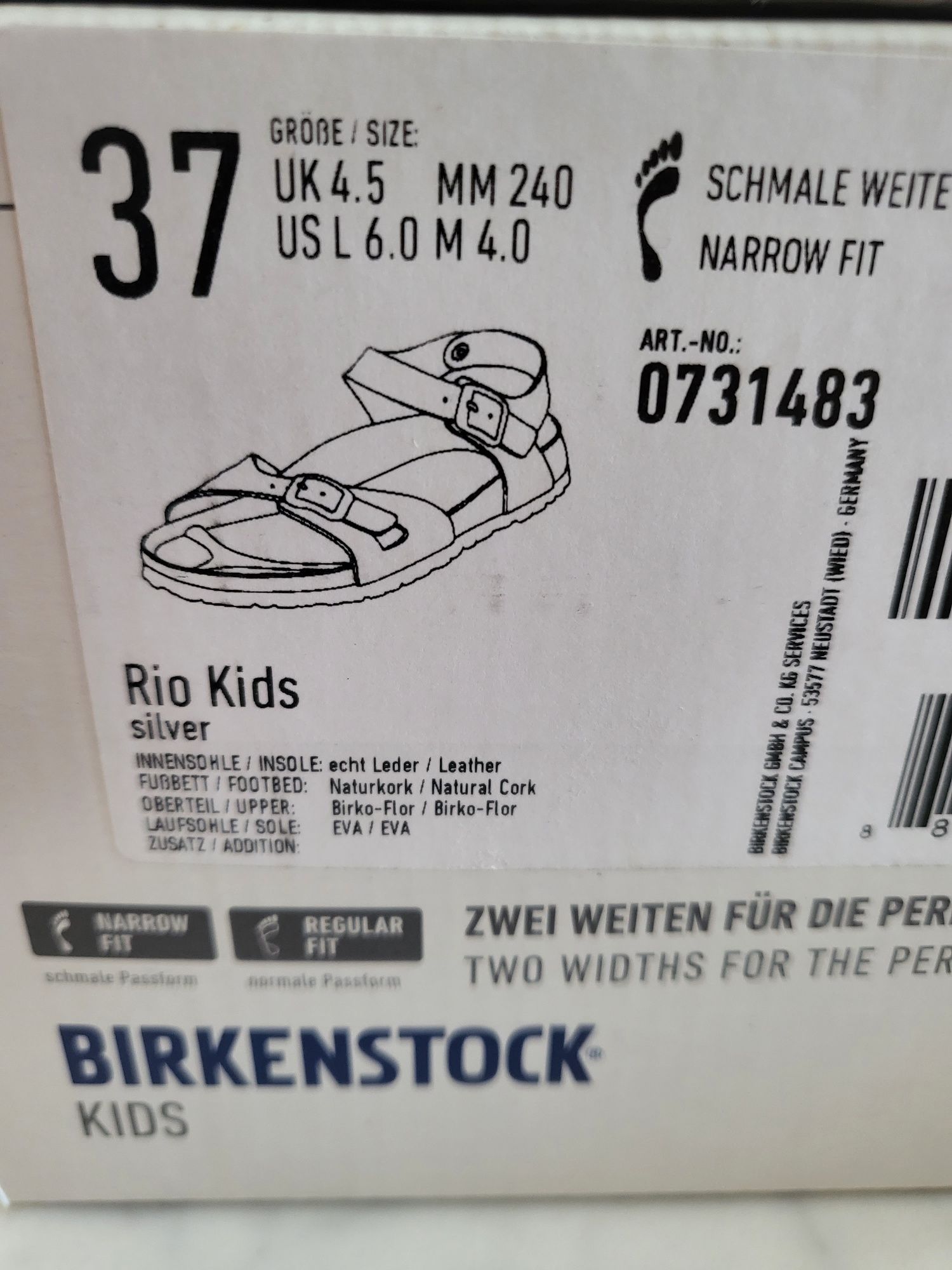 Sandały Birkenstock 37 Rio Kids Silver BDB PLUS