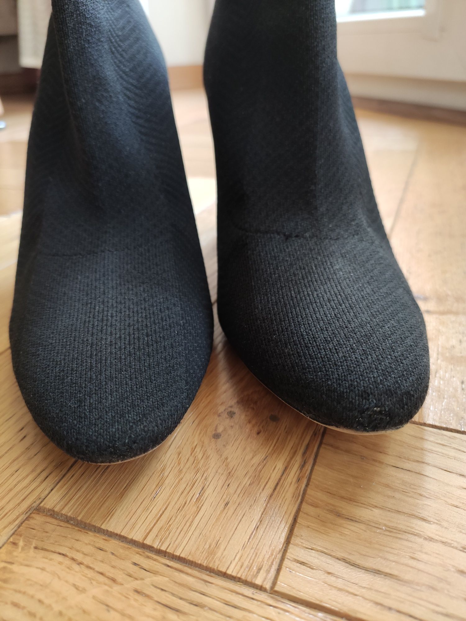 Czarne materiałowe skarpetkowe botki sock boots z metalicznym obcasem