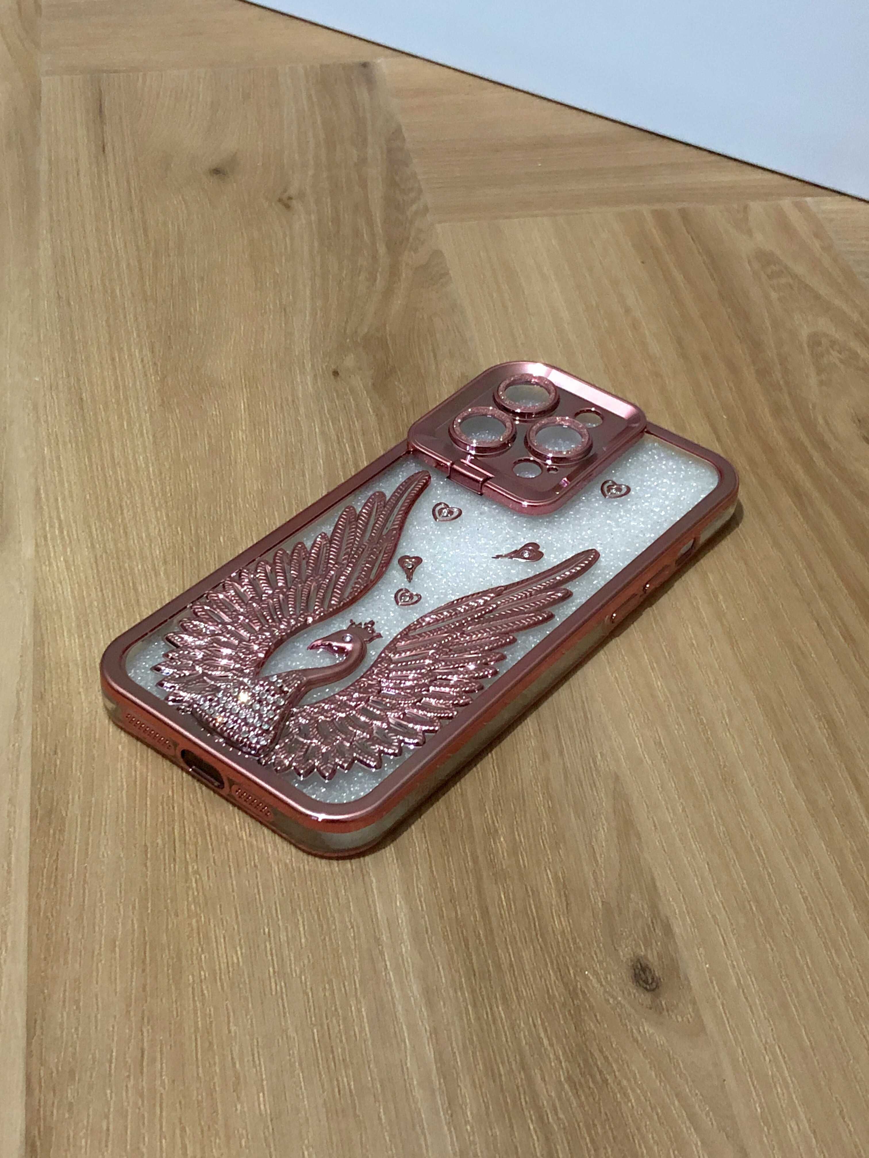 Etui iPhone 15 Pro Max | Motyw łabędzia + brokat | Różowe złoto