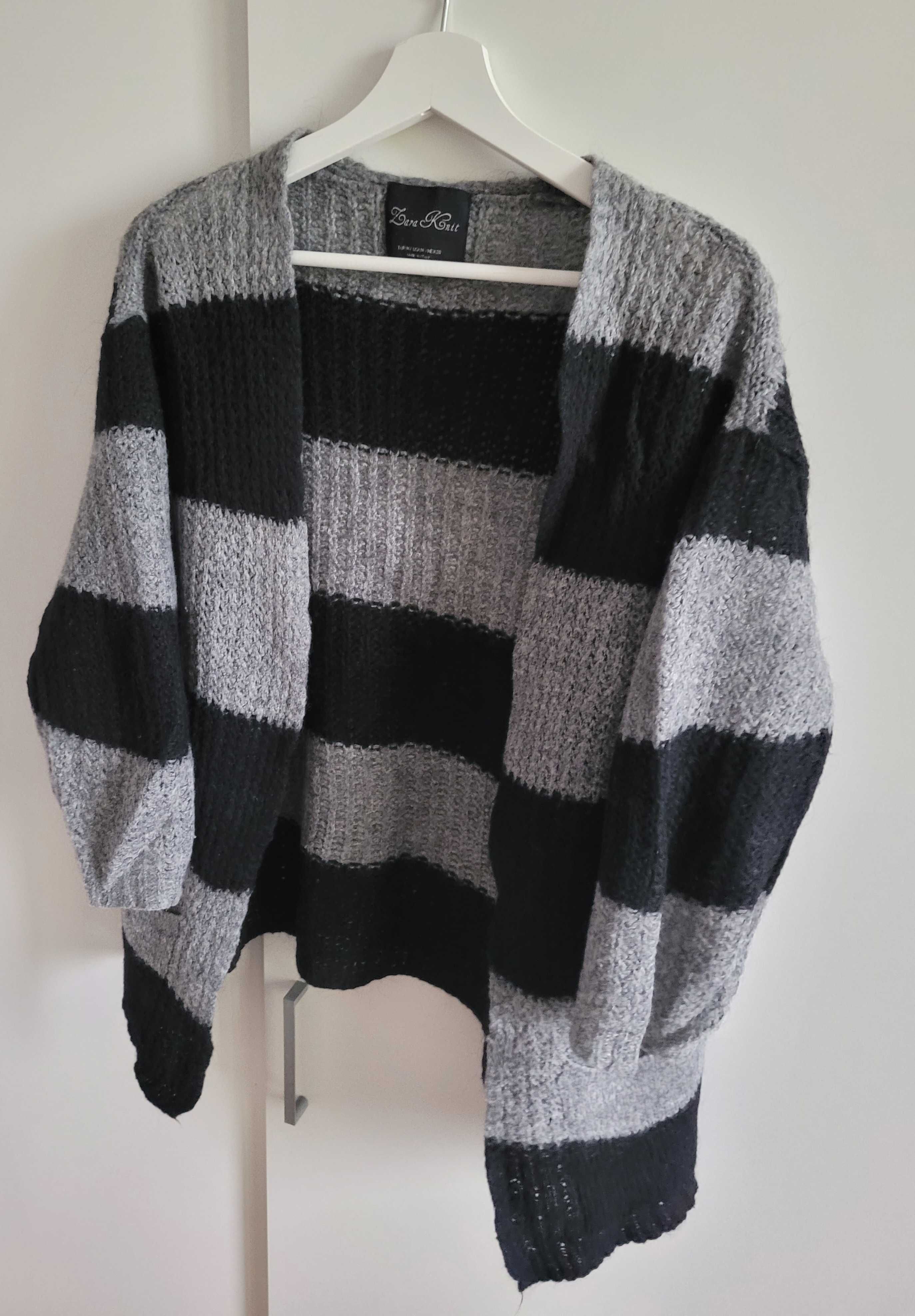 Zara Knit kardigan czarny szary paski wełna narzutka sweter S M L goth