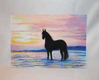 obraz koń morze zachód słońca HANDMADE pastele olejne pejzaż