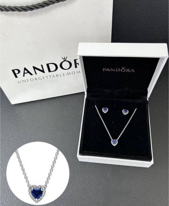 Срібний комплект pandora з серцем кольє і сережки пусети пандора