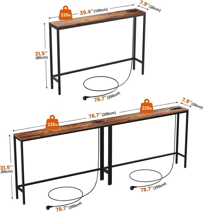 Wąska konsola z gniazdem i portem USB, zestaw 2 sztuki