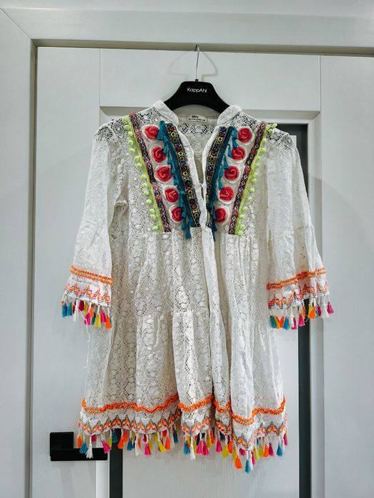 Narzuta na plażę koronka frędzle Boho kardigan tunika pareo