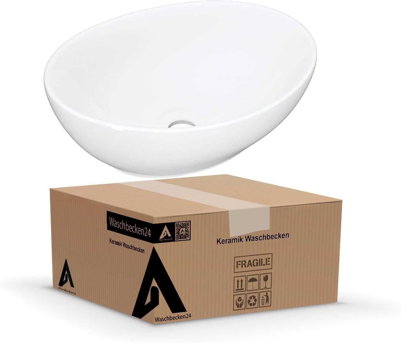 Umywalka ceramiczna Waschbecken24, owalna, wysoka jakość, biały kolor