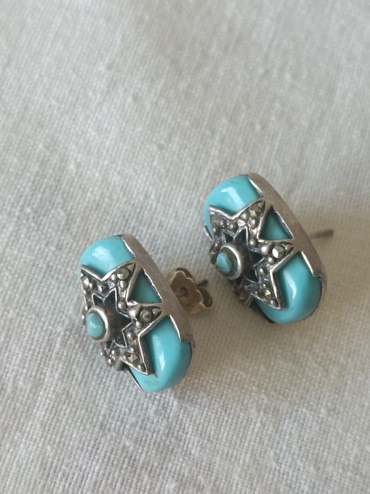 Серьги старинные.Серебро,бирюза, марказиты.Вес 10 грамм