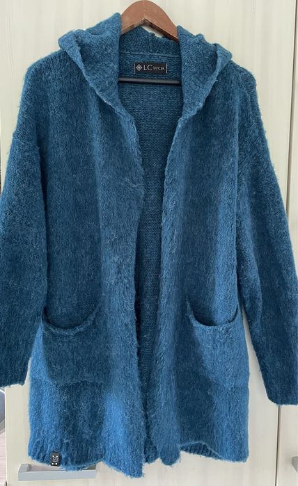 Dlugi sweter z kapturem, rozm 36 petrol