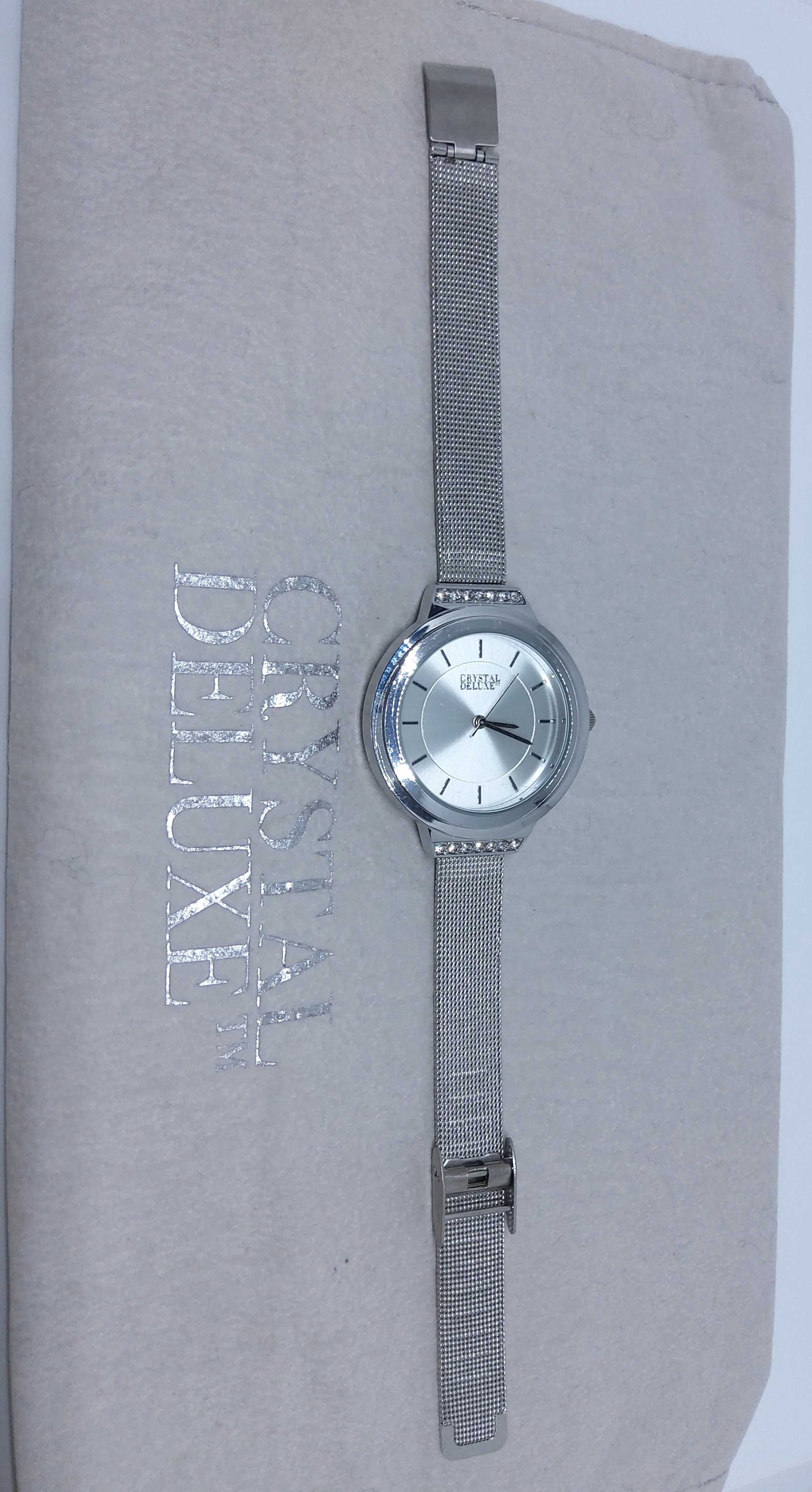 Srebrny zegarek damski Crystal Deluxe na bransolecie z cyrkoniami