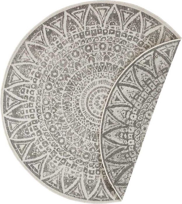 Dywan okrągły na taras, dwustronny płasko tkany szaro kremowy