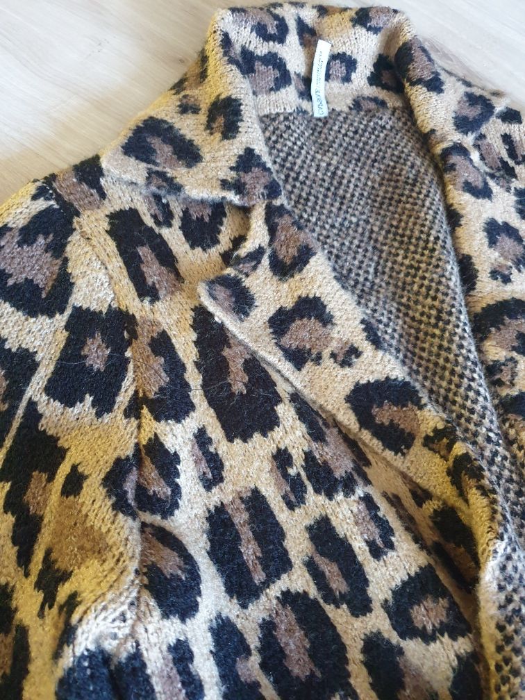 Kardigan, pantera, lekki płaszczyk L, długi sweter akrylowy