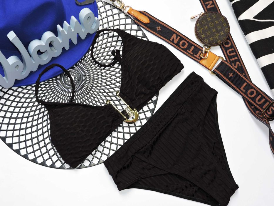 Shein Sexi czarny tłoczony strój kąpielowy złota blaszka XS